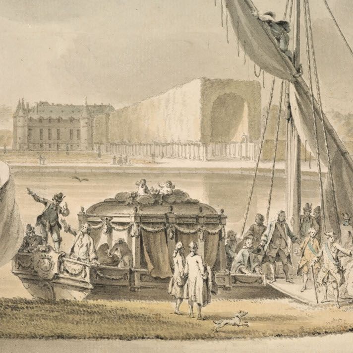 La gondole du duc de Penthièvre au château de Rambouillet. Détail du dessin "Louis XV et le duc de Penthièvre au Grand bassin de Rambouillet" par Nicolas-Marie Ozanne, dessin, 1764