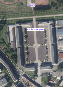simulation : les 4 pavillons le long de l’avenue, séparés par l’entrée principale