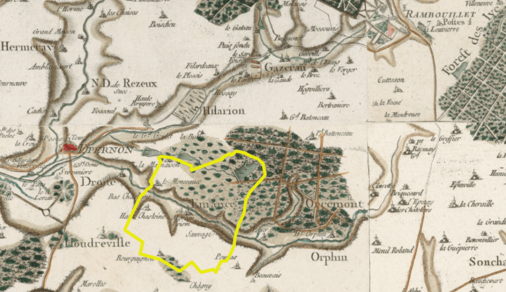 voici (à peu près) les limites de la commune, replacées sur la carte de Cassini